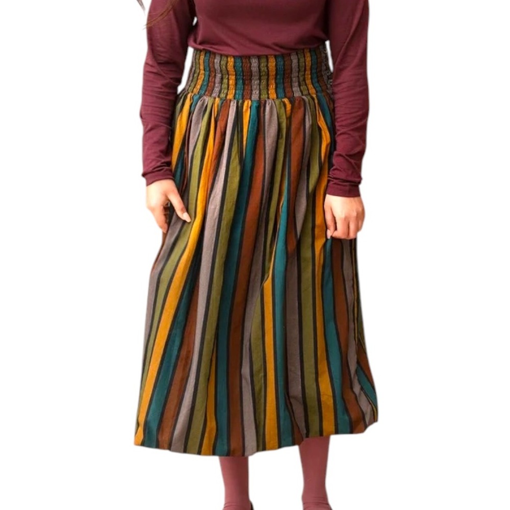Gudrun Sjoden Akira 100% Organic Cotton Woven Striped Smocked Midi Boho Skirt M - Picture 1 of 11